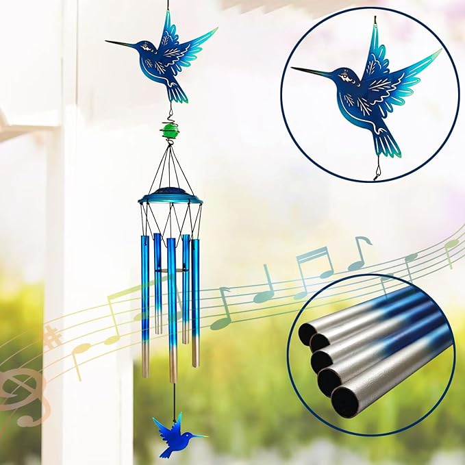 Outdoor Wind Chimes Hummingbird Metal WindChimes Gift for Outside/Indoors, Home, Lawn, Porch, Patio, Garden Decor, Yard Decoration (Bule Hummingbird)