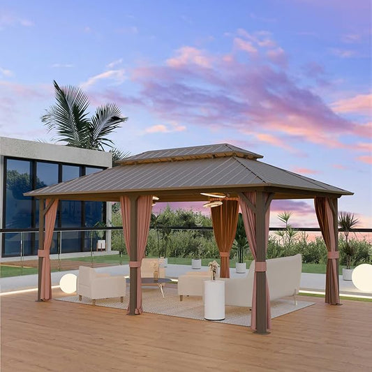 12'x18' Hardtop Gazebo, Outdoor Aluminum Frame Galvanized Steel Double Roof Pavilion with Netting and Shaded Curtains, Permanent Metal Pergolas for Patio, Backyard, Deck and Lawns.