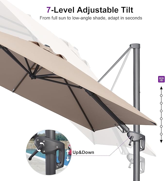 PURPLE LEAF 10' X 10' Swivel Outdoor Patio Aluminum Umbrella with Base Left-right Tilting Cantilever Offset Umbrella with UV Resistant Heavy Duty Fabric for Deck Pool Patio Backyard, Sand Dune
