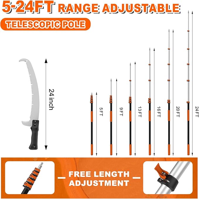 30FT Reach Pole Saw for Tree Trimming, Telescoping Tree Pruner Extendable with 5-24FT Extension Pole, Manual Saw for Yard, Garden, Patios