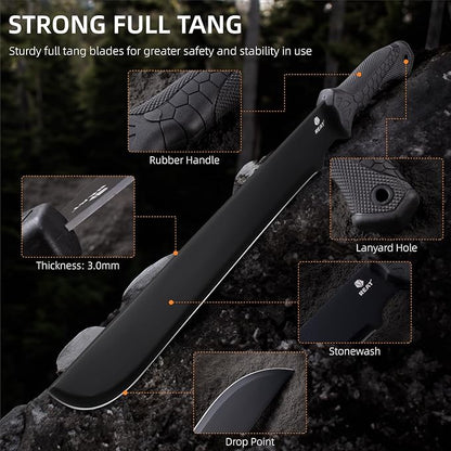 REAT Machete Heavy Duty with Sheath,24-inch Full Tang 420 Stainless Steel Blade,Non-silp Rubber Handle for Yard Work, Cutting Trees,Camping,Outdoor (Black)