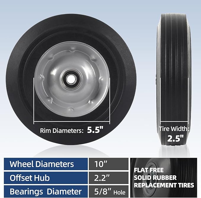 AR-PRO (2-Pack) 10" x 2.5" Flat Free Solid Rubber Replacement Tires - Flat-Free Tire and Wheel for Hand Trucks and Wheelbarrows with 5/8" Axles