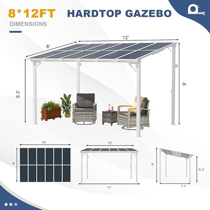 MEISSALIVVE 8' x 12' Wall Mounted Lean to Metal Awnings with Sloped Roof, Outdoor Patio Gazebo Awning for Backyard, Deck, White