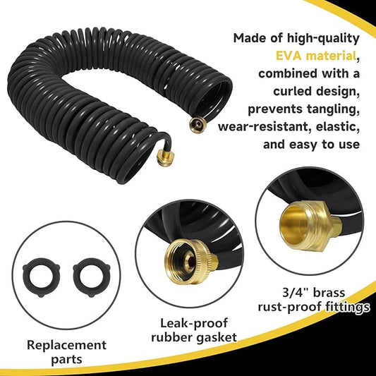 Coil Hose,3/8" EVA Coil Garden Hose 75 FT,Curly Water Hose Lightweight with Brass Connectors,Recoil Garden Hose Includes 8-Pattern Spray Nozzle for Boat, Yard, Patio, Green