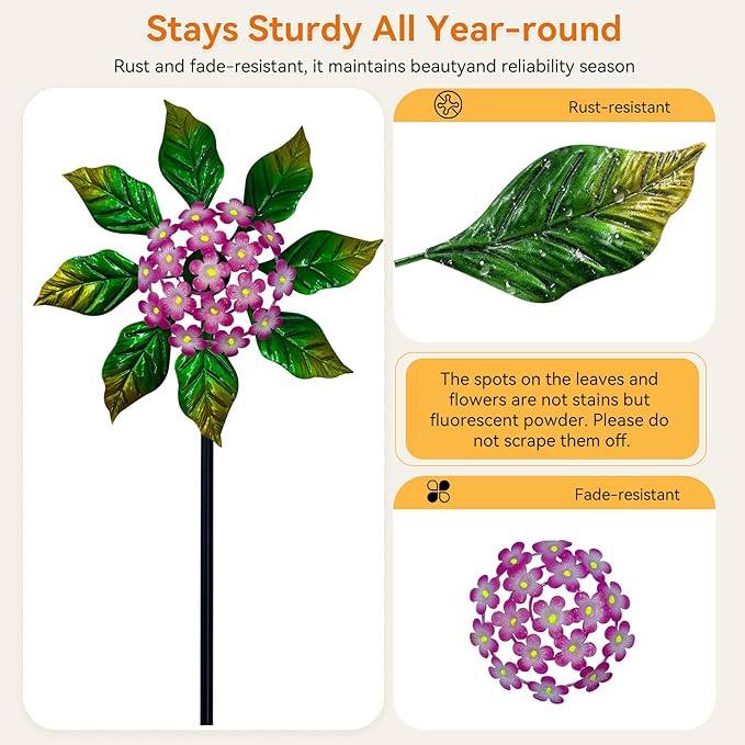 Solar Glow Garden Wind Spinner Outdoor, 13" W Flower Metal Wind Spinner & Sculptures with Fluorescent Coating, Kinetic Windmill for Yard Lawn Patio Decor, Pink