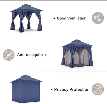 LAUSAINT HOME Outdoor Patio Gazebo 8'x8' with Expansion Bolts, Heavy Duty Gazebos Shelter Party Tent with Double Roofs, Mosquito Nettings and Privacy Screens for Backyard, Garden, Lawn, Navy Blue