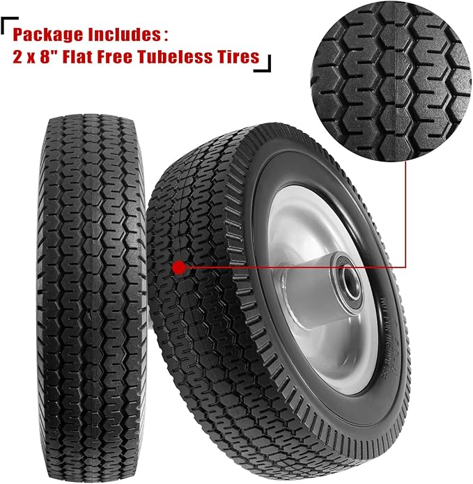 8-Inch Solid Tire Replacement - 2.50-4"Flat Free Tire and Wheel Heavy-Duty for Gorilla Carts, Yard Tractors, Wagons - Replacement Tires with 5/8" Bearings & 2.25" Offset Hub(2 Pack)