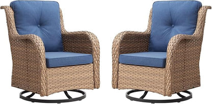 Outdoor Patio Swivel Rocker Chairs - Wicker Rattan Patio Swivel Rocking Chairs Set of 2 with High Back,Deep Seating and Comfort Cushions for Deck Porch Garden,Yellow/Blue