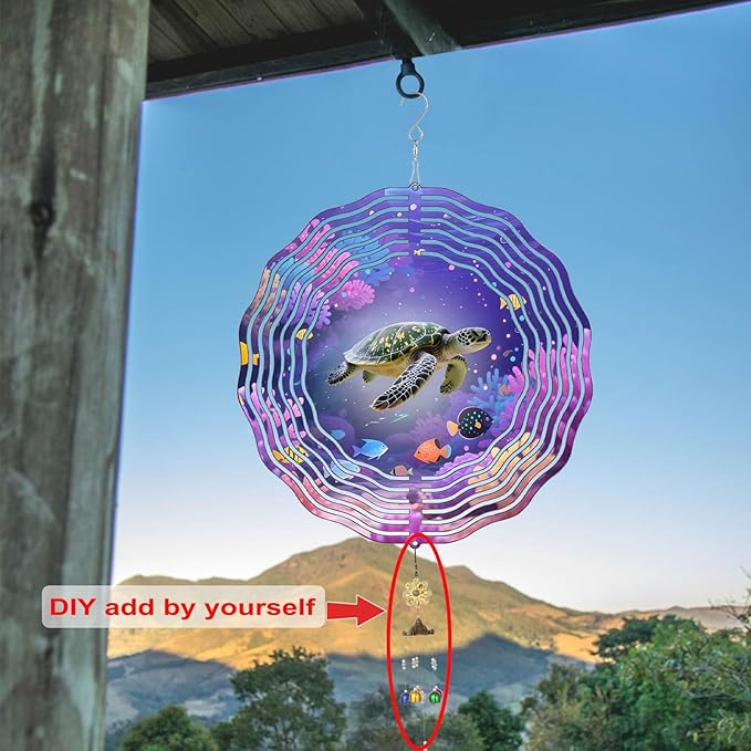 10 Inch Sea Turtle Wind Spinner, 3D Stainless Steel Hanging Kinetic Wind Sculpture Gifts for Garden Decor Yard Art Indoor Outdoor Window Porch Front Door Decoration