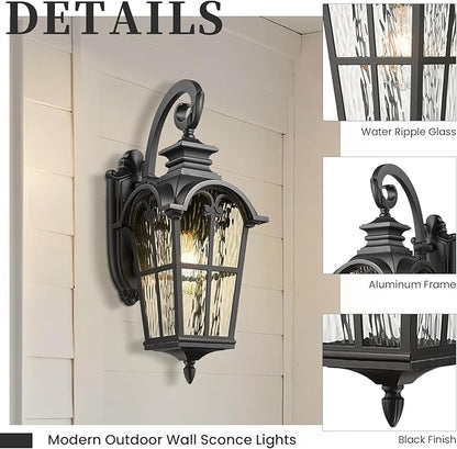 Outdoor Wall Lamps Aluminum Outside Light Fixtures for House 24 Inch Height Large Size Exterior Porch Lights Wall Mount with Water Ripple Glass Black Finish