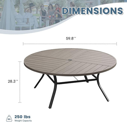 DIFY 59.8" Round Outdoor Patio Dining Table for 8-10, All-Weather Metal Steel Slatted Patio Table with 1.57" Adjustable Umbrella Hole, for Lawn Garden Porch Backyard, Grey Wood-Like