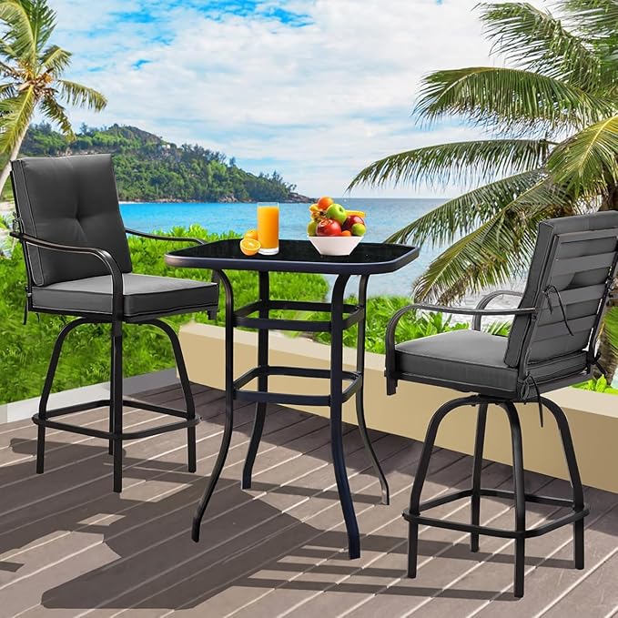 Patio Swivel Bar Stools, Outdoor High Back Swivel Bar Chair Set of 4 with Cushion & All Weather Steel Frame for Backyard, Lawn, Poolside and Balcony, Dark Gray