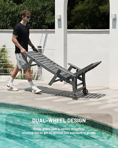 Lounge Chair Outdoor Set of 2, HDPE Chaise Lounge Outdoor with 6-Position & Wheels &Cup Holder, Pool Lounge Chair for Pool Poolside Deck Backyard Patio, Grey