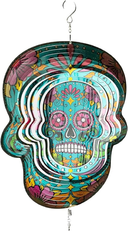 Skylar 3D Color Gradient Calavera Skull Wind Spinner, 12-Inch Day of The Dead Wind Spinners Outdoor Clearance, Kinetic Stainless Steel Decor for Patio and Home, Powered by Air