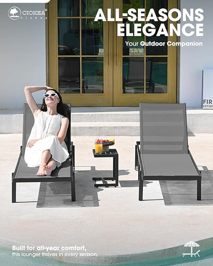 Aluminum Chaise Lounge Chair Outdoor with Wheels, Patio Lounge Chair with Adjustable 5-Position Recliner and Full Flat Tanning Chair for Patio, Beach, Pool, Grey
