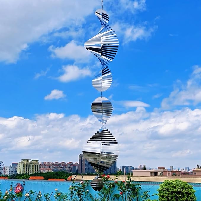 Hanging Wind Spinners,3D Spiral Highly Reflective Stainless Steel Metal Wind Spinner Outdoor Garden Decor,Decorations to Scare Away Yard Birds12in 2Pcs
