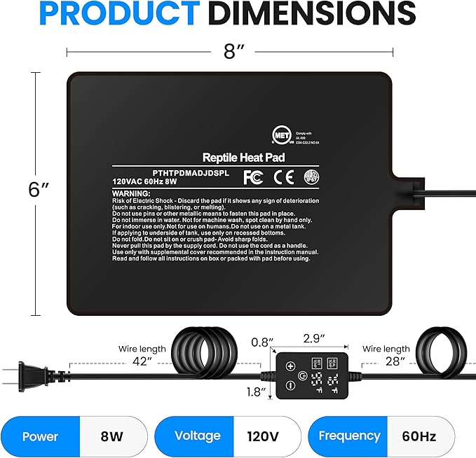 Simple Deluxe 6X8 Inch 8W Reptile Heating Pad with Adjustable Thermostat Under Tank Terrarium Heating Mat for Turtles, Lizards, Frogs, and Other Reptiles