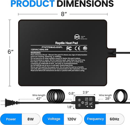 Simple Deluxe 6X8 Inch 8W Reptile Heating Pad with Adjustable Thermostat Under Tank Terrarium Heating Mat for Turtles, Lizards, Frogs, and Other Reptiles