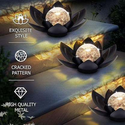 Huaxu Solar Lights Outdoor Garden Decor Metal Black Lotus Decoration, Crackle Globe Glass Waterproof LED Outside Table Lamp for Patio,Lawn, Yard,Walkway,Tabletop,Ground Gifts for Mom