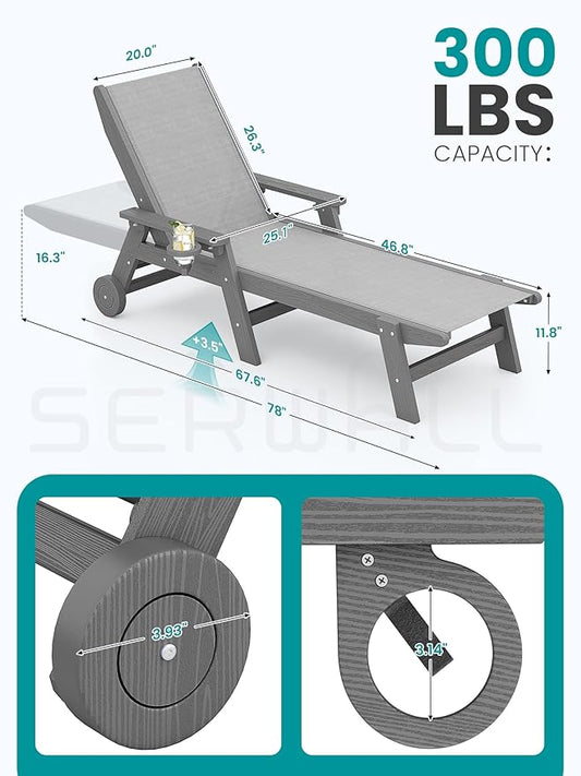 SERWALL Patio Chaise with 5 Positions - Textilene Outdoor Lounge Chair, Rolling Wheels - Poolside, Deck, Grey
