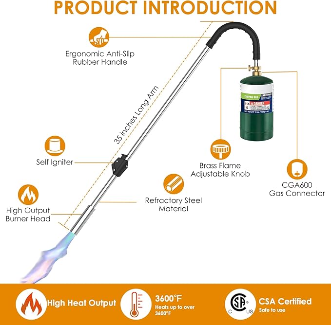 Weed Torch Propane Burner,Blow Torch Weed Burner with Self Igniting(Turn the Knob Slightly Before Ignition),Anti-slip Rubber Handle for Weeding,Melt Ice,Charcoal Starter-Fuel Not Included