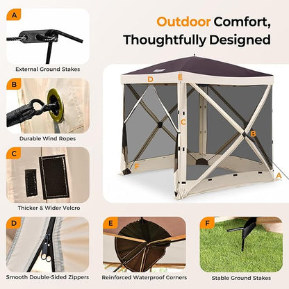 Tecoom 4 Side Pop Up Gazebo Tent, 6x6ft Waterproof Instant Screen with Mosquito Netting, Removable Wind Cloths, Portable Outdoor Canopy for Sun Shelter for Camping, Garden and Picnics