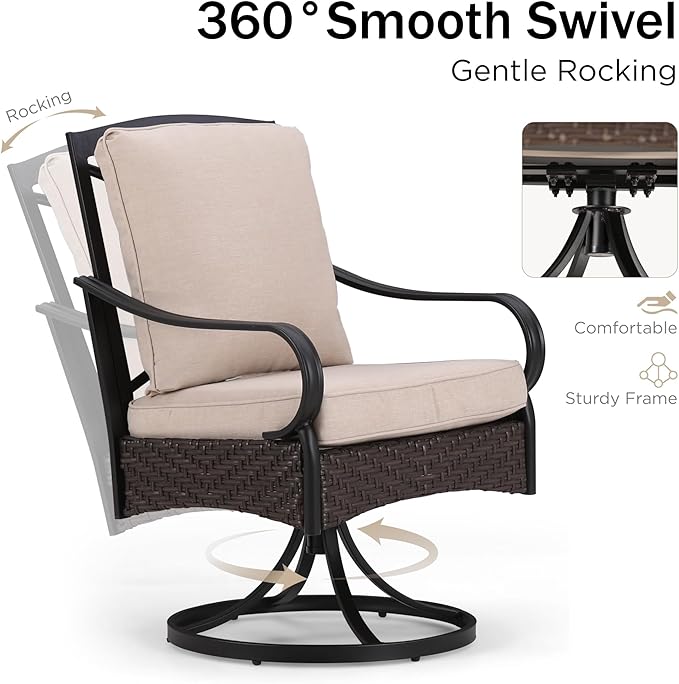 PHI VILLA Patio Swivel Chairs Set of 6, Heavy Duty Outdoor Metal Wicker Dining Chair with Thickened Cushions, Large All Weather Wrought Iron Deck Chair Lawn Furniture Support 300lbs