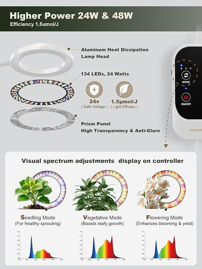 GLOWRIUM 48W LED Dual-Head Grow Light for Indoor Plants, 23.5-71" Adjustable Height, 3-Growing Full Spectrum for Tall Plant Light, 3/9/12/16H Timer, 6-Level Dimming, Ideal for Large Tall Plants