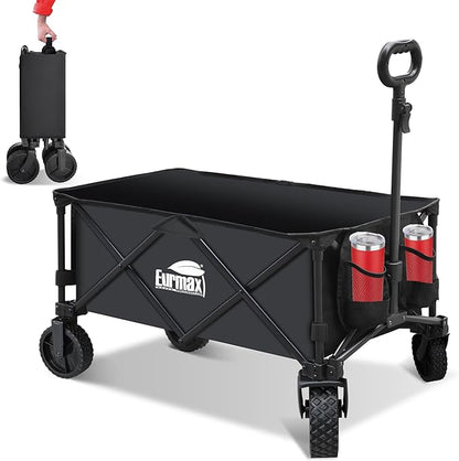 Eurmax USA Collapsible Outdoor Folding Wagon Cart All-Terrain Utility Wagon Heavy Duty Camping Patio Shopping Garden Sporting Wagon Cart with Side Bag & Cup Holder