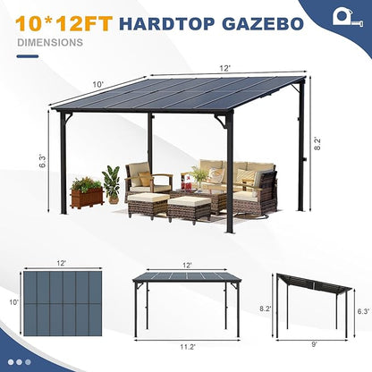 MEISSALIVVE 10' x 12' Wall Mounted Lean to Metal Awnings with Sloped Roof, Outdoor Patio Gazebo Awning for Backyard, Deck, Black