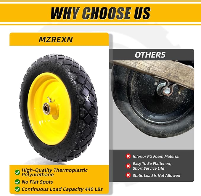 MZREXN 4.80/4.00-8" Flat Free Tire and Wheel, 15" Solid Wheelbarrow Tires, 3.00-4.00/4.80-8" with 5/8" & 3/4" Bearings, 3" Centered Hub for Hand Truck Garden Trailers Utility Cart Yard Wagon Yellow