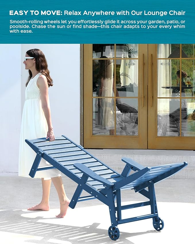 Lounge Chair Outdoor, Oversized Chaise Lounge Chair with 5 Positions, HDPE, Patio Lounge Chair with Wheels & Cup Holder for Pool, Deck, Poolside, Azure Blue