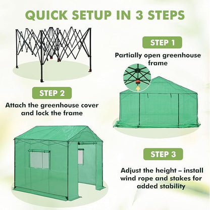 EAGLE PEAK 8x8 Portable Pop Up Greenhouse, Patented Center Lock Easy One Person Setup, Walk-in Outdoor Greenhouse with Gable Roof, Weight Bags, Zippered Doors & Windows, Green