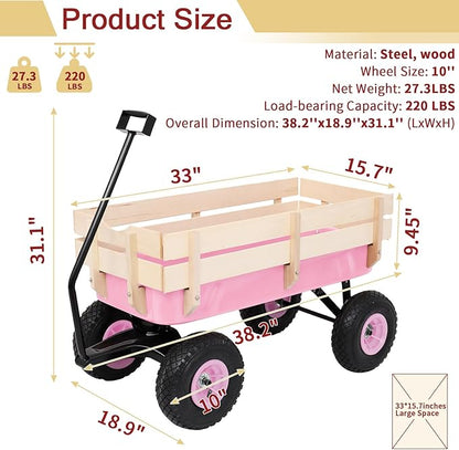 Outvita All-Terrain Cargo Wagon with 10'' Air Tires, Steel Structure Wagon with Removable Wooden Side Panels for Kids, Garden and Cargo, Up to 220lbs Capacity, 38'' L x 19'' W x 31'' H (Pink)