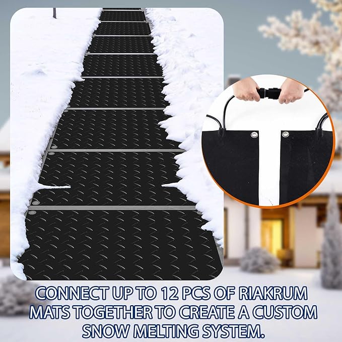 Riakrum 2 Pcs Heated Snow Melting Mats Outdoor, 10 x 15 in Winter Anti-Slip Heated Rubber Mat for Walkways Decks and Sidewalks, Snow and Ice Melting Pads Connection with 9.84 ft Power Cord