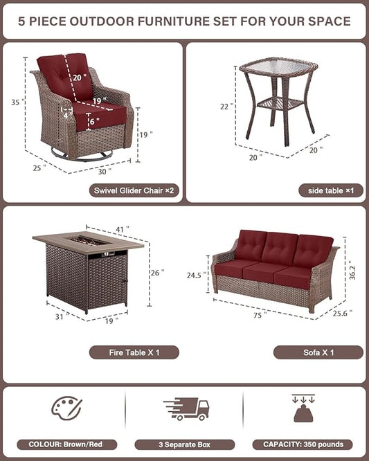 Belord Luxury Wicker Patio Furniture Set with 41” Fire Pit Table - Swivel Rocker Glider Outdoor Chairs with Sofa and Glass Top Side Table, All-Weather Removable 6" Red Seat Cushion for Patio Evenings