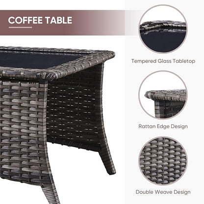 Patio Furniture 4 Piece Set, All-Weather PE Wicker Outdoor Set with Coffee Table, Swivel Rocker Chairs and Sofa, Grey/Green