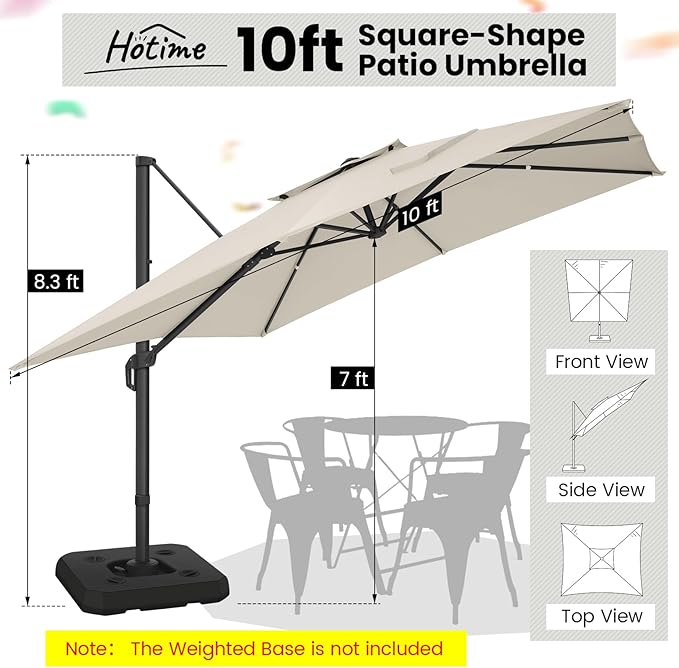 Hotime 10ft Cantilever Patio Umbrella Outdoor Heavy Duty Double Top Windproof Aluminum Offset Umbrella with 360°Rotation for Pool Garden Deck, Beige
