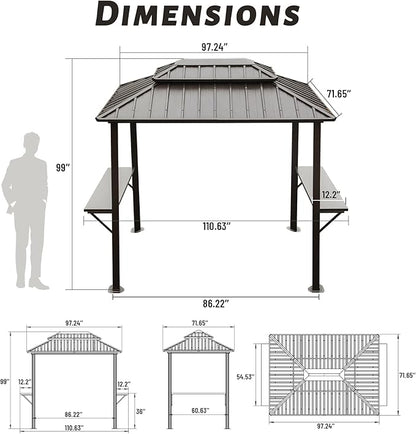 Domi 8'x6' Grill Gazebo Hardtop Aluminum BBQ Gazebo with Bar Shelves and Ceiling Hooks, Double Metal Roof Outdoor Gazebos for Patio Lawn Garden Deck (Dark Brown)