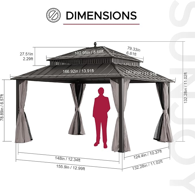 SUNJOY Kingston 14' x 12' Hardtop Gazebo with Galvanized Steel Double Roof, Curtain and Netting, Brown Aluminum Posts Permanent Pavilion Gazebo for Garden, Patio, Deck, Lawn