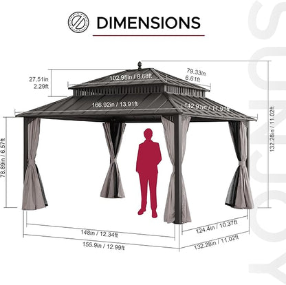 SUNJOY Kingston 14' x 12' Hardtop Gazebo with Galvanized Steel Double Roof, Curtain and Netting, Brown Aluminum Posts Permanent Pavilion Gazebo for Garden, Patio, Deck, Lawn