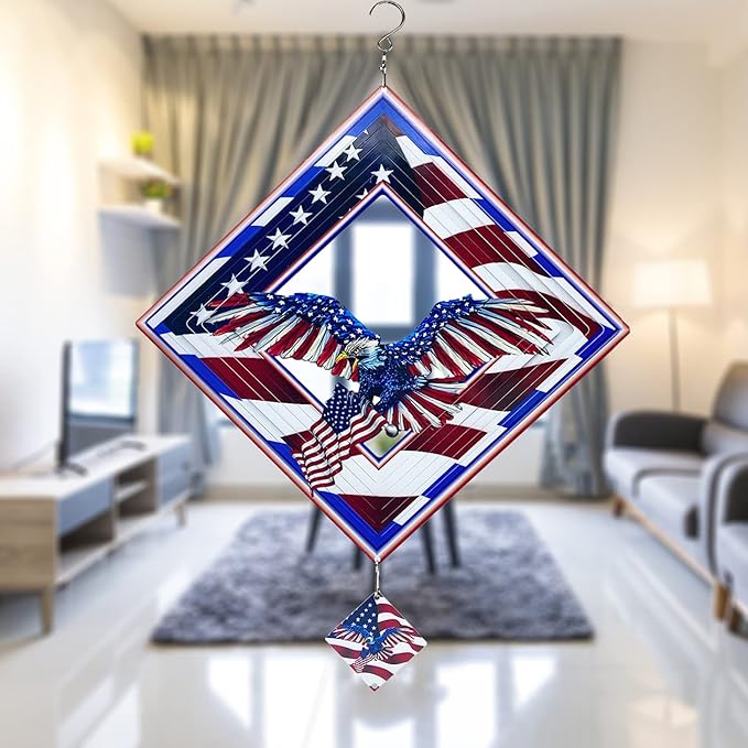 Eagle Wind Spinners for Yard and Garden,Wind Spinner Hanging,3D Metal Wind Catchers,12in American Flag Kinetic Spinner,Fourth of July Independence Day Party Decorations for Indoor Outdoor(Rhombus)