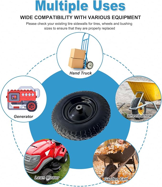 2-Pack of 3.50-8 Wheels,14.5" Flat Free Tires,Steel Rim,5/8" or 3/4"Axle Bore Hole,3”-6" Centered Hub,13"-16" Universal Fit Tire for Wheelbarrow,Hand Truck,Garden and Utility Carts, Trolleys and More