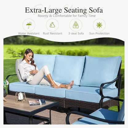 Sophia & William Patio Furniture Set, 5 Piece Metal Outdoor Conversation Set with 3-Seater Outdoor Couch, 2 Sofa Chairs, 1 Loveseat,1 Coffee Table for Outdoor Seating, Backyard, Porch(Blue)