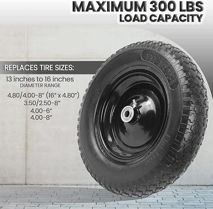 (2-PACK) 4.80/4.00-8" Flat Free Tire and Wheel - Universal Fit 14.5" Solid Wheelbarrow Tires with 3" Hub and 5/8" Bearings – Extra Adapter kit includes 3/4" Ball Bearings, 1" and 1/2" Nylon Spacers