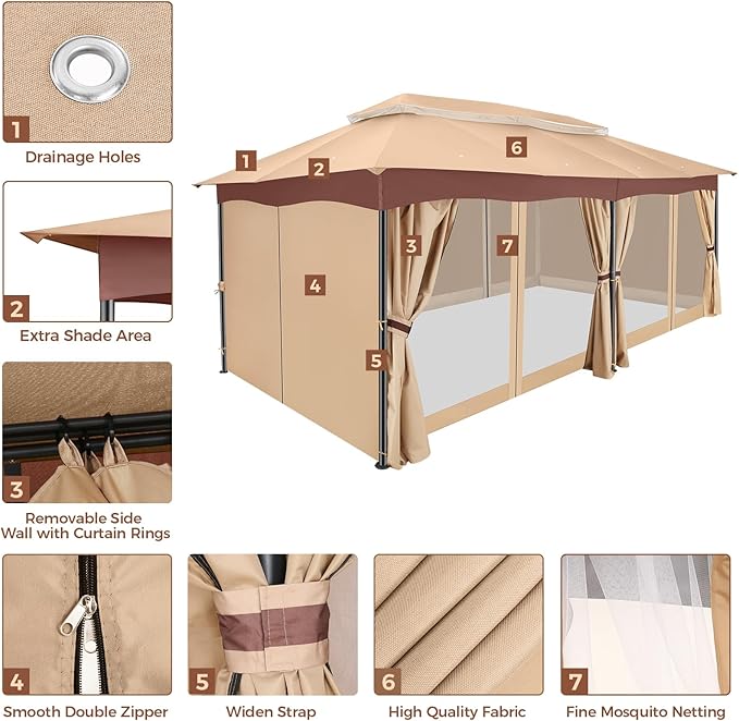 COBIZI Gazebo 12x20 Heavy Duty Gazebos with Curtain and Netting Outdoor Gazebo Canopy Double Roof Patio Gazebos with Metal Steel Frame for Patio, Deck, Backyard (Khaki)