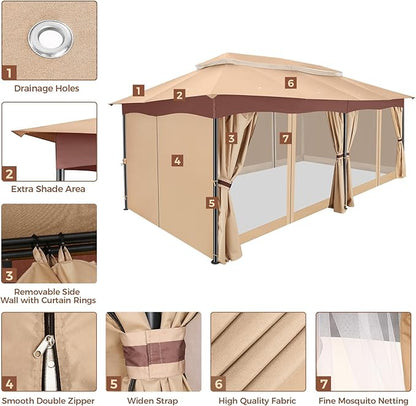 COBIZI Gazebo 12x20 Heavy Duty Gazebos with Curtain and Netting Outdoor Gazebo Canopy Double Roof Patio Gazebos with Metal Steel Frame for Patio, Deck, Backyard (Khaki)