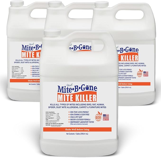 Mite Killer Treatment Spray Pack by Mite-B-Gone | Kills All Types of Mites, Dust, Spider, Rat, Carpet & Bird Mites | Safe for Homes, Furniture & Pets | Non-Toxic | Kid & Pet Friendly | 1 Gal 4-Pack