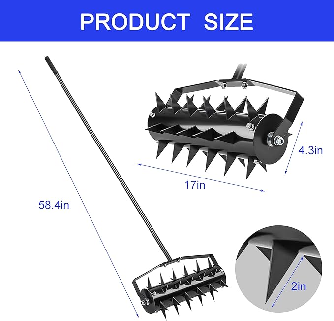 Rolling Manual Lawn Aerator, 58-Inch Handle Manual Push Spike Aerator for Gardens, Yards, and Farmland, Deep Soil Penetration for Healthy Grass and Improved Lawn Growth Manual Aerator Tool Black