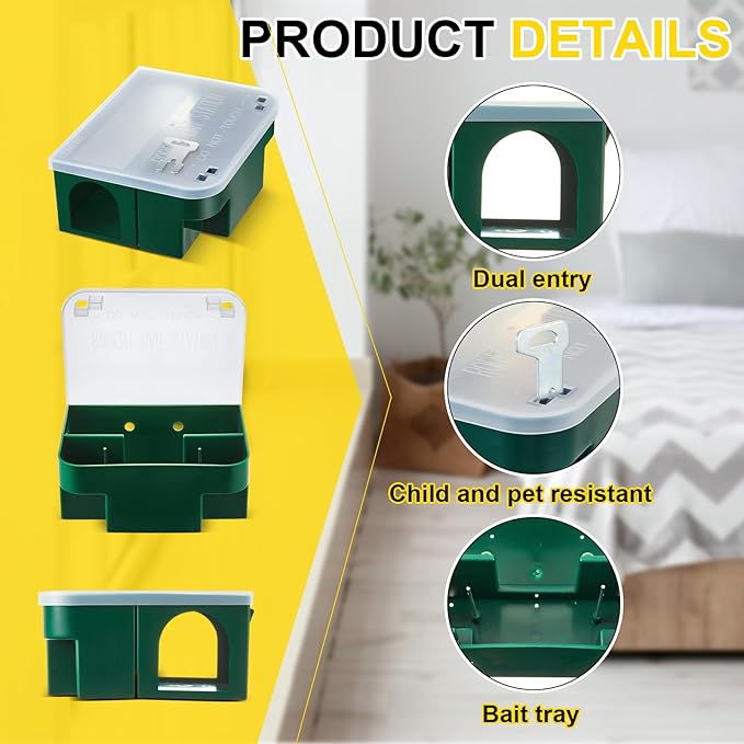Qualirey 4 Pcs Rat Bait Station 8.86 x 7.28 x 3.62 in Rat Traps with Openable Lid, Blocks Boxes with Keys for Big Mouse, Keeps Children and Pets Safe Indoor & Outdoor, Bait Not Included (Clear,Green)